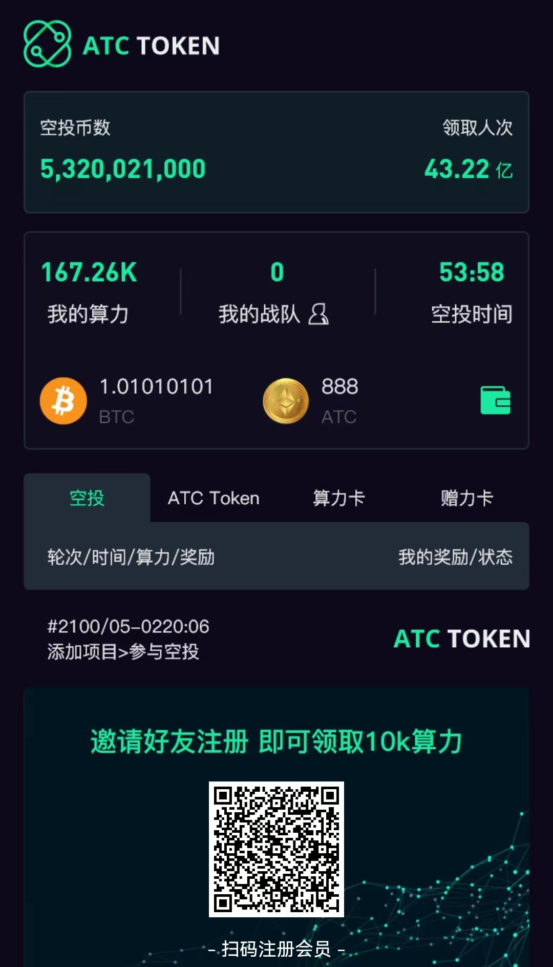 ATC TOKEN~中本聪CORE手机挖矿模式，新用户送10K算力，分享好友再送10K算力，每24小时内需领取一次收益，否则将停止产出，所得ATC可兑换合约获取更多ATC，合约收益也需每日领取，宣称将于今年12月上线交易，开盘价预计1USDT/枚。