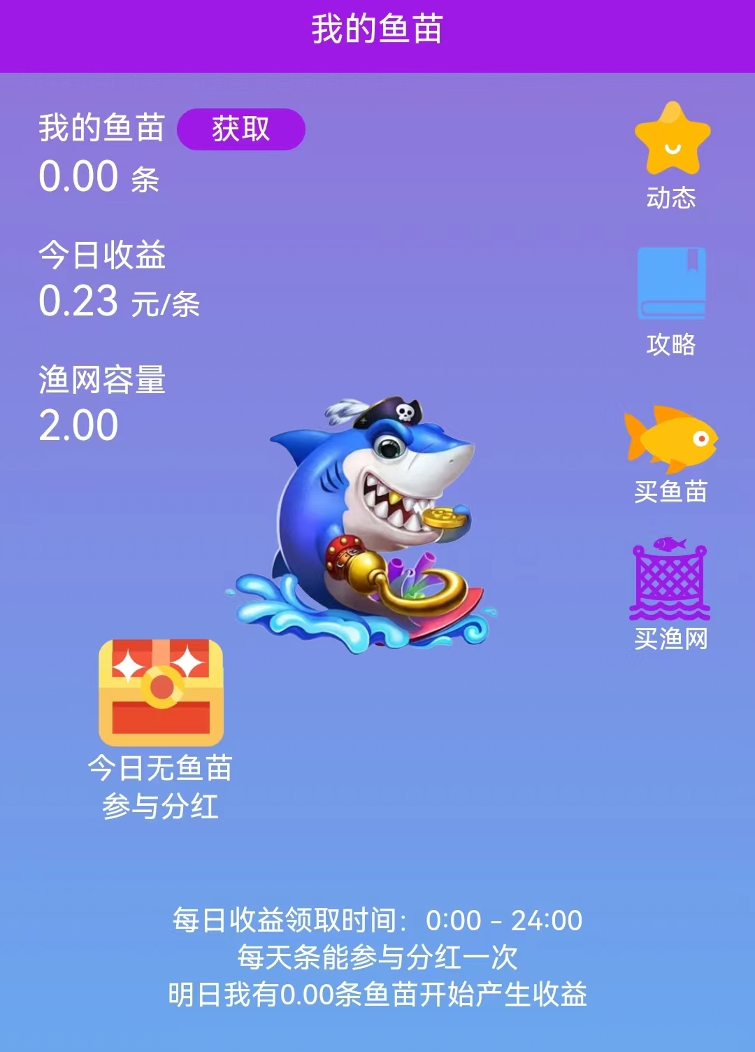 一起来捕鱼~零撸鱼苗获取分红，0.23元/鱼苗