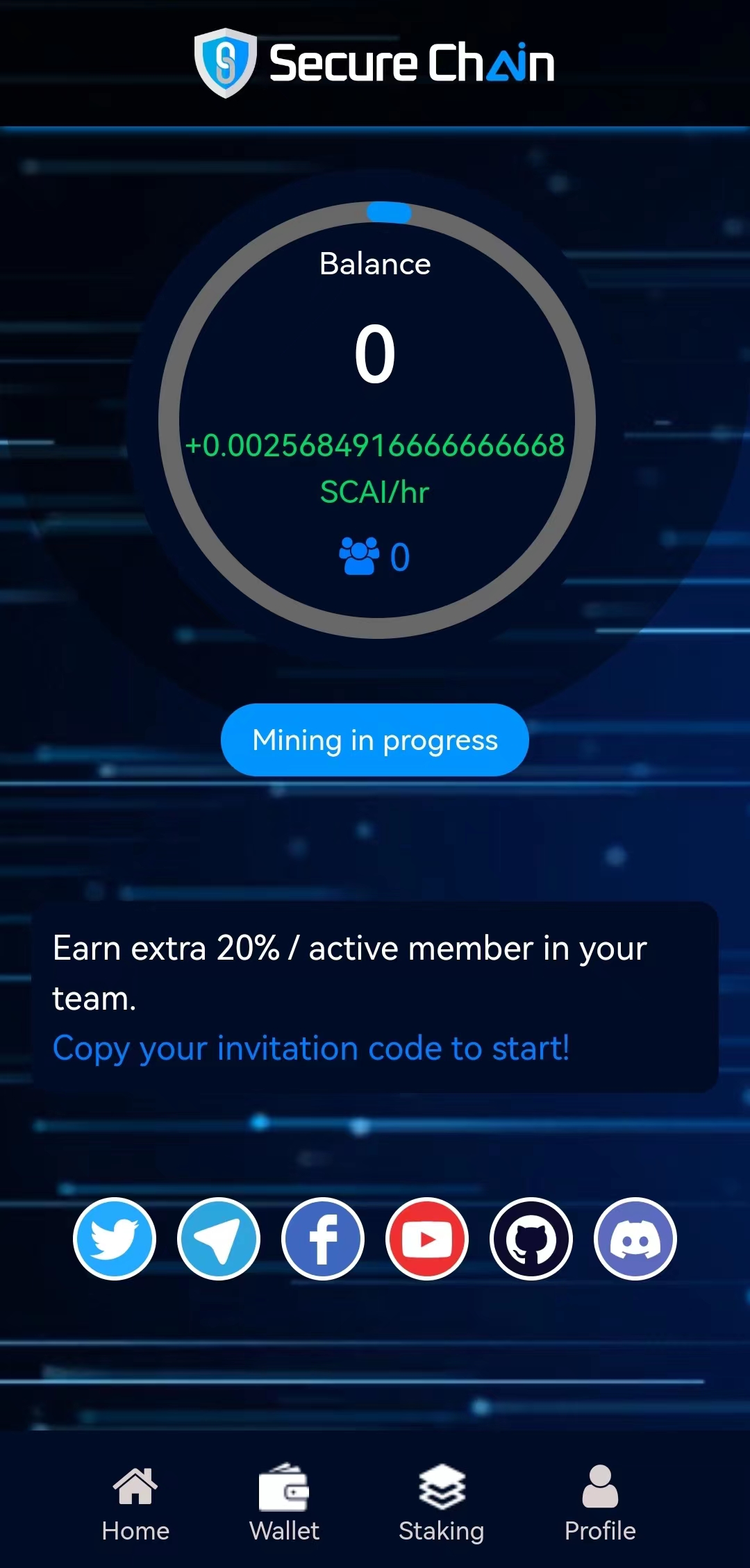 SecureChain~正在空投，用户邮箱注册登录即可获得50枚SCAI，用于质押挖矿，手动启动开启，直推20%收益。